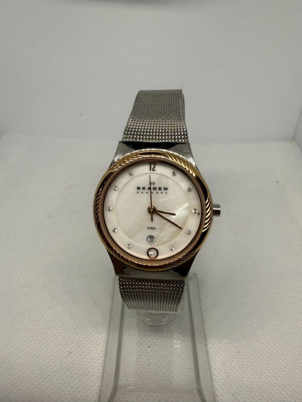 Skagen Ancher 880LSSR Women's 25mm MOP Crystal Markers Two-Tone Mesh Watch